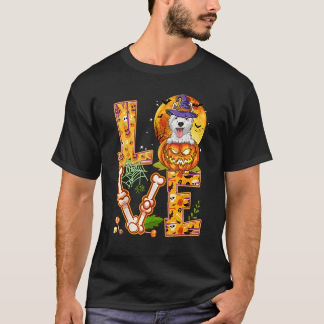 Kärlek Westie Witch Pumpkin Scary Halloween Hund T Shirt (Framsida)