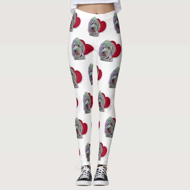 Kärlek White Goldendoodle PopArt med hjärta Leggings (Framsida)
