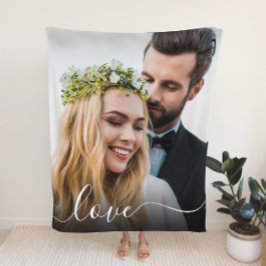 Kärlek White Script Photo Overlay Bröllop Fleecefilt