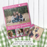Kärlek You Grandma 4 Family Photo Collage Rosa Pussel<br><div class="desc">Anpassningsbarnas fotosamlingspussel som kan anpassas med 4 fotografier.Anpassa till namn och år.Citatet "Vi kärlek du morma" ger ett unikt drag till fotopusslet och ger en speciell gåva till mormas.</div>