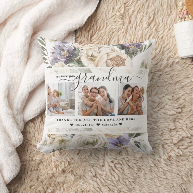 Kärlek You Grandma | Blommigt tre fotokollage Kudde (Filt)