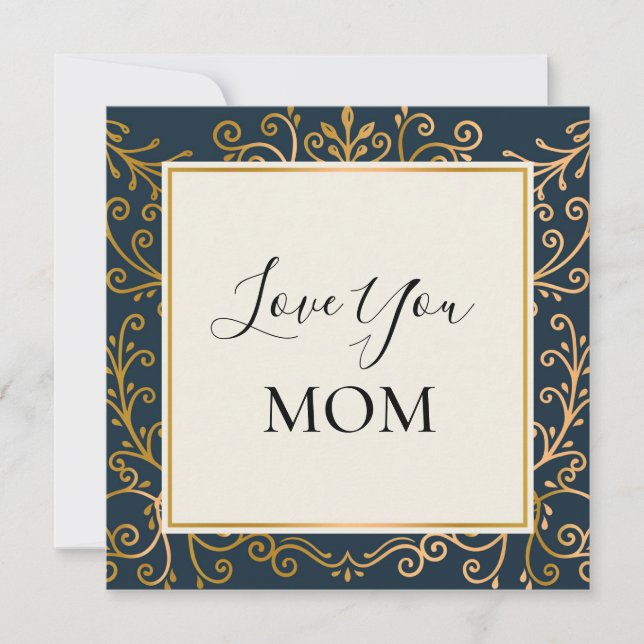 Kärlek You Mamma Elegant Navy och Guld Scrolls Kort (Framsida)
