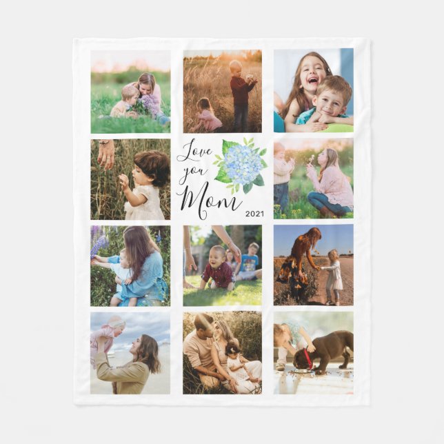 Kärlek You Mamma Family Photo Collage Hydrangea Bl Fleecefilt (Framsidan)