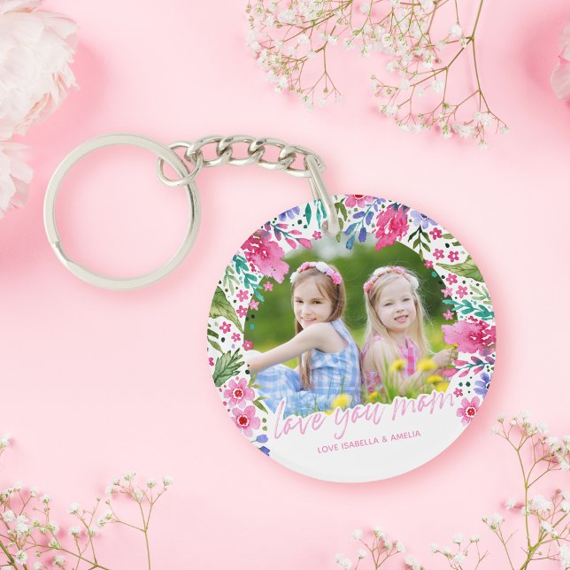 Kärlek You Mamma Kids Photo Watercolor Blommigt (Love You Mom Kids Photo Watercolor Floral Keychain)
