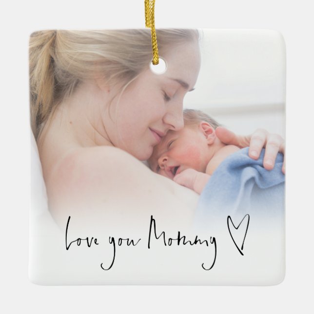Kärlek You Mamma Modern Script Heart Photo Overlay Julgransprydnad Keramik (Framsida)