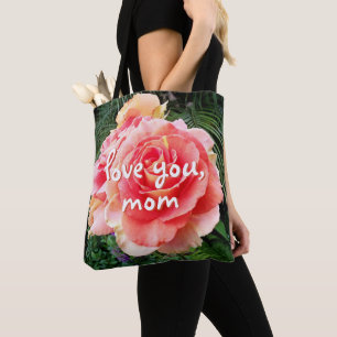Kärlek You Mamma Skript Rosa ros Flower Fotomodern Tygkasse