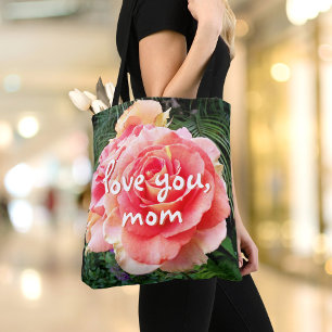 Kärlek You Mamma Skript Rosa ros Flower Fotomodern Tygkasse