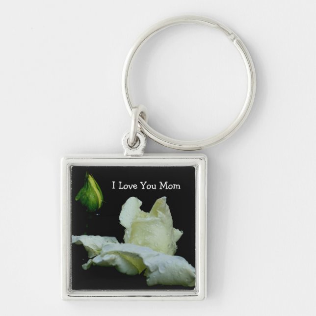 Kärlek You Mamma White Rosenknopp Flower Keychain Fyrkantig Silverfärgad Nyckelring (Framsidan)