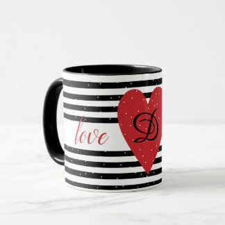 Kärlek You Modern Red Heart Rand monogram Mugg
