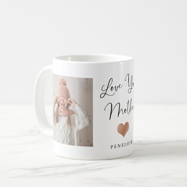 Kärlek You Mor | Två fotoskript och hjärta Kaffemugg (Framsida vänster)