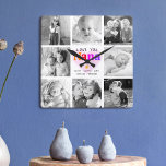 Kärlek You Nana Colorful Modern 8 Photo Collage Fyrkantig Klocka<br><div class="desc">"Kärlek du Nana." Hon älskar barnbarn varje minut. En lekfull, vit, snyggt visuell bild av färgstark regnbåge färgad fet typografi och svart, handskriven typografi täcker över ett mjukt, ljust rosa hjärta och en vit bakgrund. Lägg till åtta omhuldade foton efter eget val och anpassa namn och meddelandet för perfektens moderna,...</div>