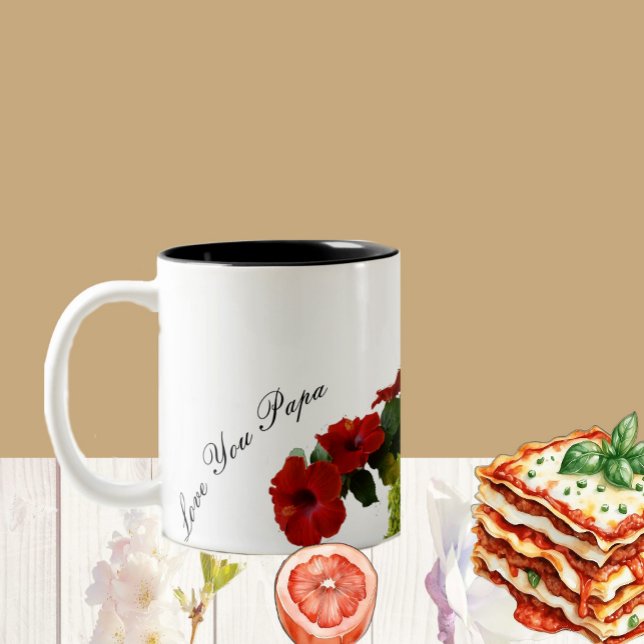 Kärlek You Pappa Fars dag Blommigt Red Hibiscus Två-Tonad Mugg (Love You Papa Father's Day Floral Red Hibiscus Two-Tone Coffee Mug)