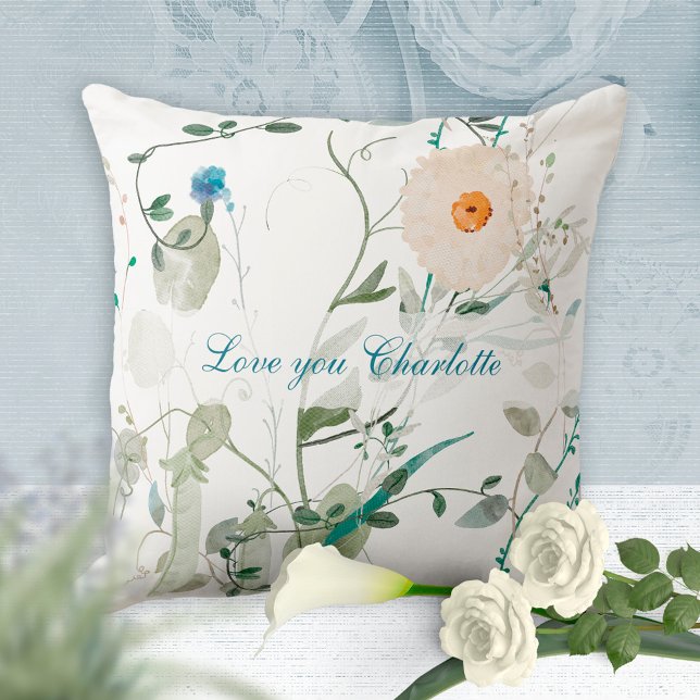 Kärlek You Romantic Watercolor Wildblomma Snöre Kudde (Love You Romantic Watercolor Floral Delicate Lace Throw Pillow ©Susanne Sachers - Sunny Mind Design)