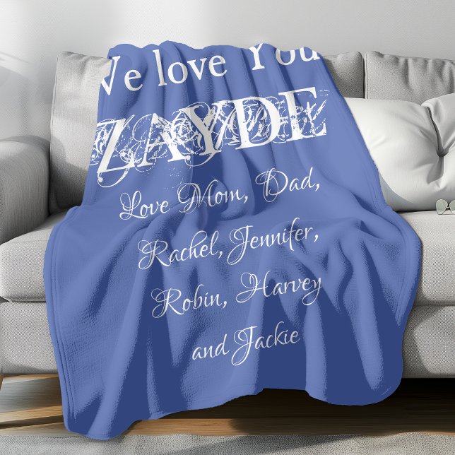 Kärlek You Zayde Grandpa Script Namn Classic Blue Fleecefilt ('We Love You ZAYDE' personalized soft blue fleece blanket.)