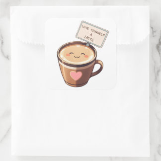 Kärlek Yourself A Latte - Kawaii Coffee Sticker Fyrkantigt Klistermärke
