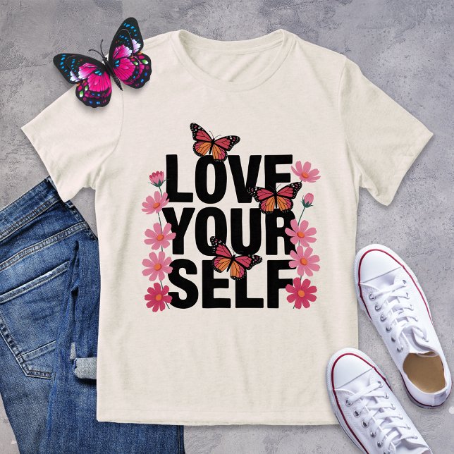 Kärlek Yourself Butterfly och Flower Graphic T Shirt (Skapare uppladdad)