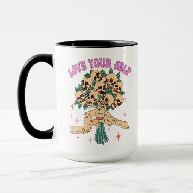 Kärlek Yourself Skull Bouquet Valentine Retro Rosa Mugg (Vänster)