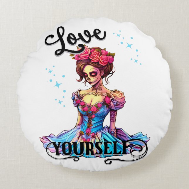 Kärlek Yourself Sugar Skull Rund Kudde (Framsidan)