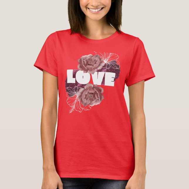 Kärleksblomma kvinnor djupröd färg t-shirt (Framsida)