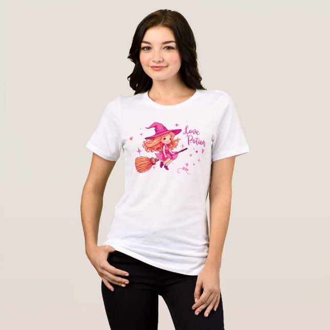 Kärleksdrops-Häxa T-Shirt | Söt Rosa Halloween Te (Framsida Full)