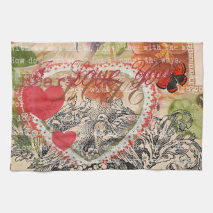 Kärleksfåglar Hjärtat Röd Konst Collage Kökshandduk