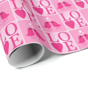 Kärleksfåglar och rosa hjärtan ikryssade presentpapper