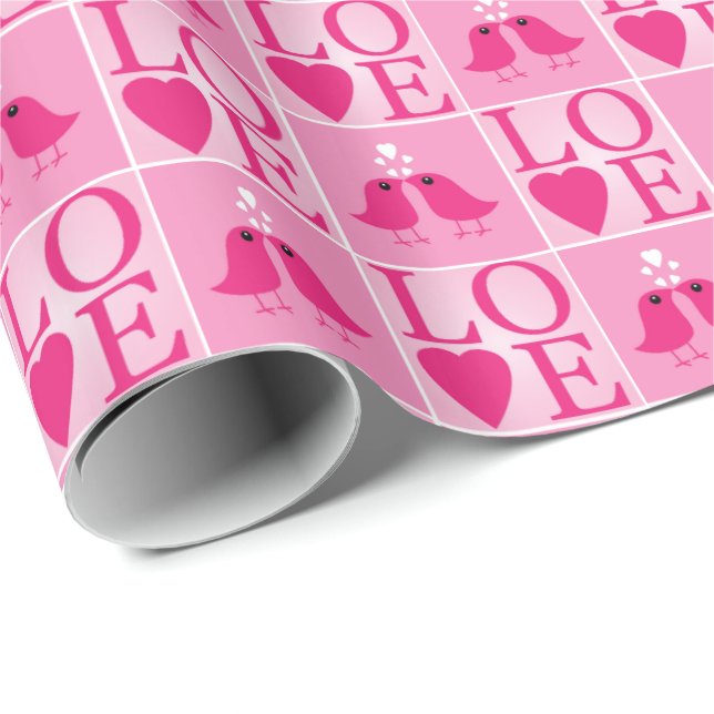 Kärleksfåglar och rosa hjärtan ikryssade presentpapper (Rullad Hörn)