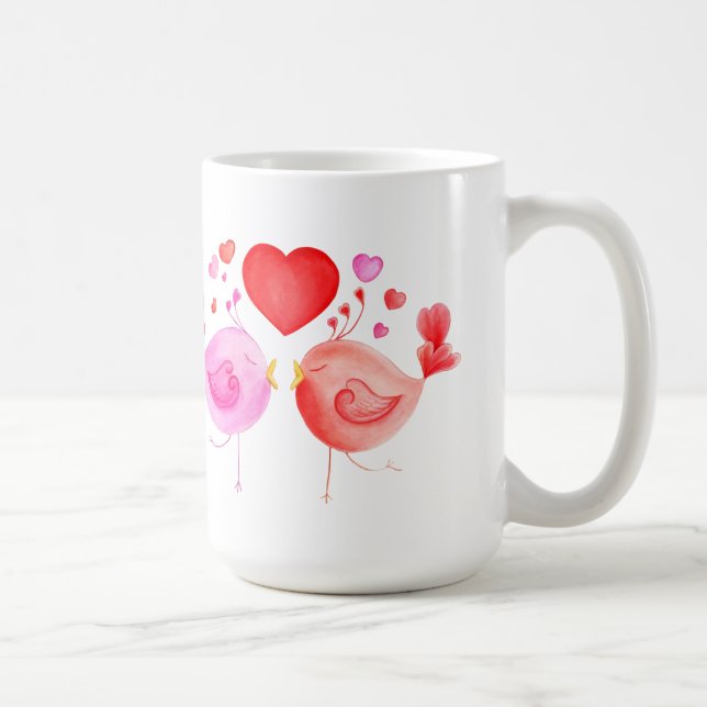 Kärleksfåglar röda rosa dikt anpassade alla hjärta kaffemugg (Höger)