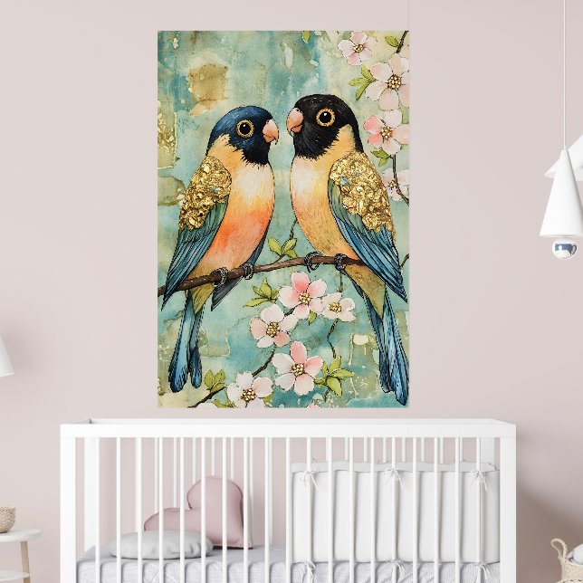 kärleksfåglar sitter på en blommande gren. poster (Barnkammare 2)