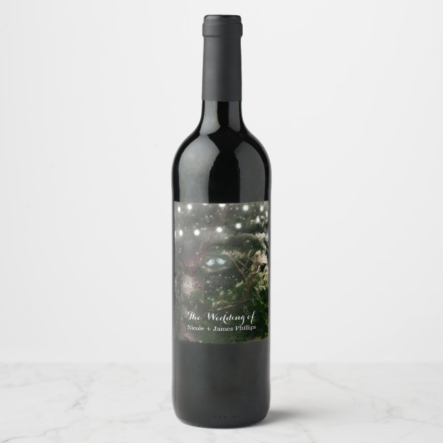 Kärleksfåglar + Tall Natt Bröllop Anpassat Vin Vinflaska Etikett (Framsida)