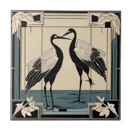 Kärleksfåglar två tranor blå Art Deco Art Nouveau Kakelplatta