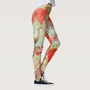 Kärleksfåglar Vintage Antik Hjärtat Leggings
