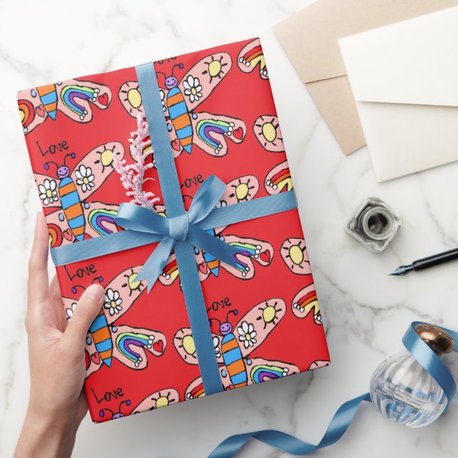 Kärleksfjärilspapper rött presentpapper (Gifting)