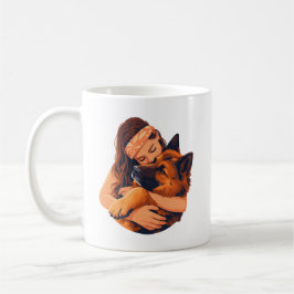 Kärleksfull kvinna som kramar schäferhund kaffemugg