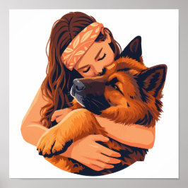 Kärleksfull kvinna som kramar tysk schäferhund poster