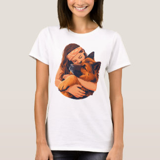 Kärleksfull kvinna som kramar tysk schäferhund t shirt
