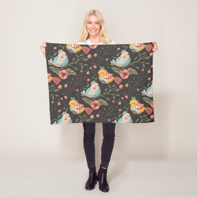 Kärleksfulla Boho Fåglar Blommönster Fleecefilt (På plats)