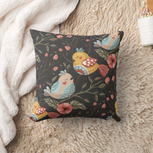 Kärleksfulla Boho Fåglar Blommönster Kudde (Filt)