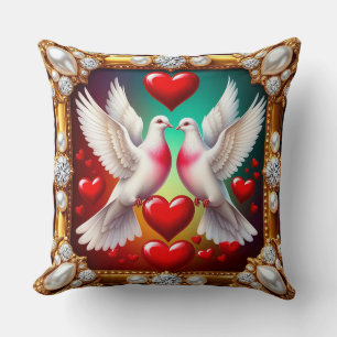 Kärleksfulla vita duvor inramade med hjärtan kudde