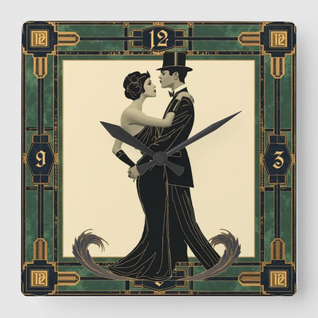 Kärleksfullt Art Deco-par Fyrkantig Klocka (Framsida)