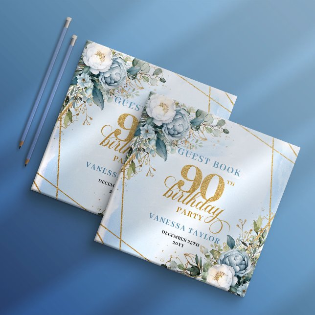 Kärleksfullt ljusblå Guld 90-årsfirande Gästbok (Cherished Light Blue Gold 90th Birthday Guest Book)