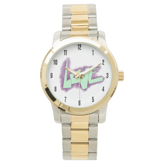 kärleksgraffiti lila grön mint typografi prickar  armbandsur (Framsida)
