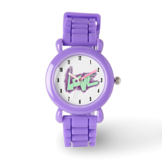 kärleksgraffiti lila grön mint typografi prickar  armbandsur (Framsida)