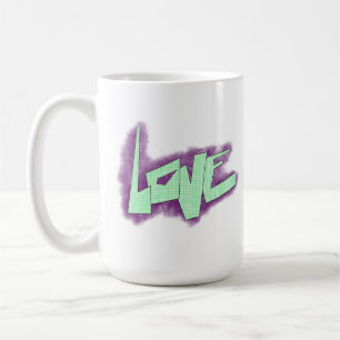 kärleksgraffiti lila grön mint typografi prickar  kaffemugg