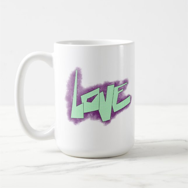 kärleksgraffiti lila grön mint typografi prickar  kaffemugg (Vänster)