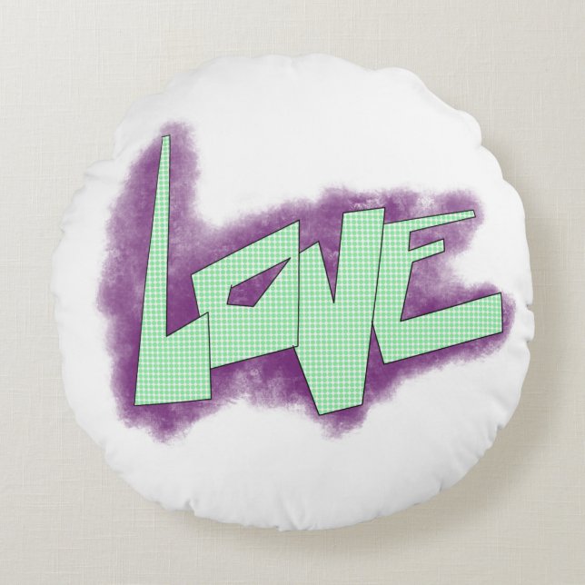 kärleksgraffiti lila grön mint typografi prickar  rund kudde (Framsidan)