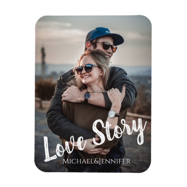 kärlekshistoria,modern stilren skrift,bröllopsfoto magnet (Vertikal)