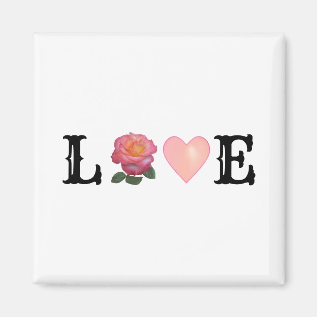 Kärlekshjärta & rosa rosblomma magnet (Framsidan)