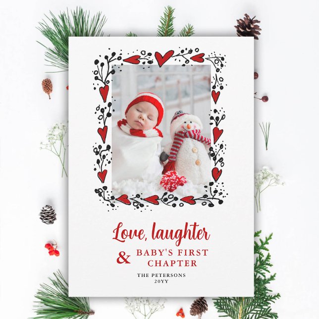 Kärleksklipp Jul Bebis Tillkännagivande Julkort (love laughter hearts frame holidays christmas baby announcement family photo card diy red black chic)
