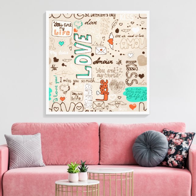 Kärlekskvot Doodle Mönster Canvastryck (Insitu (Vardagsrum))